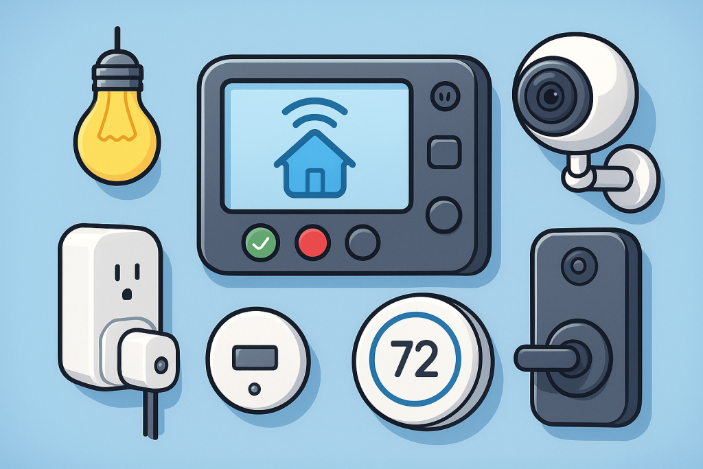 تصویر کارتونی واقع‌گرایانه از تجهیزات هوشمندسازی شامل پنل مرکزی، دوربین امنیتی، قفل دیجیتال، ترموستات و پریز هوشمند با پس‌زمینه آبی روشن